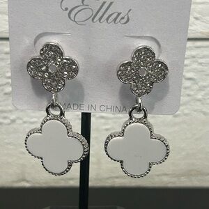 🤍 Clover Drop Earrings | White Enamel & Rhinestone Flower Studs | Silver Tone